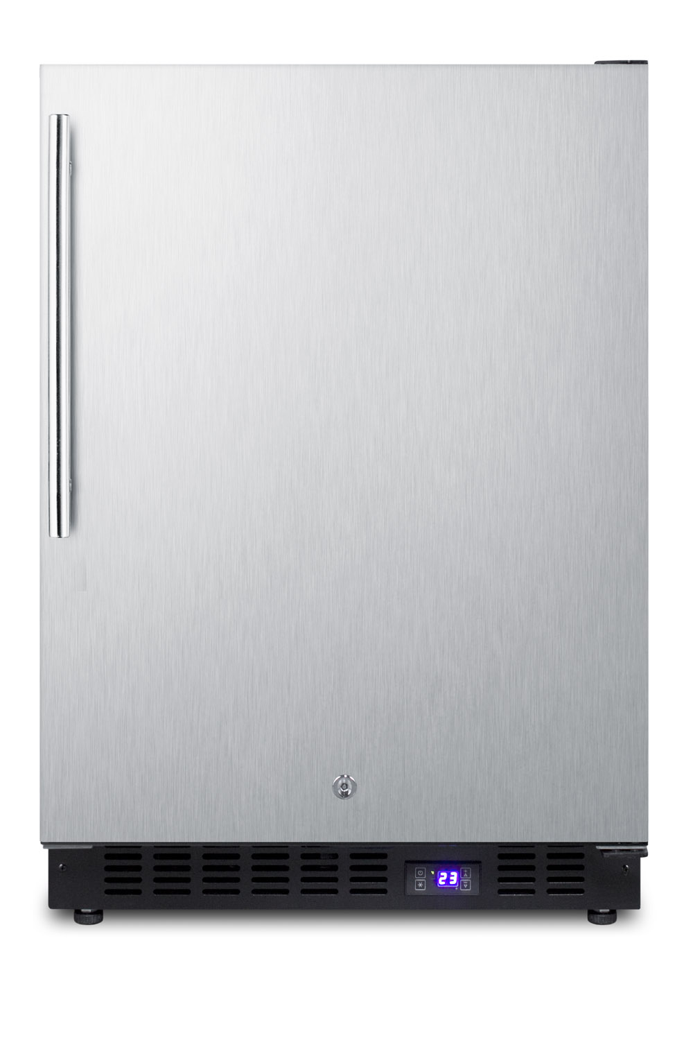 Frost-free outdoor all-freezer in complete stainless steel, w/digital thermostat, LED lighting, thin handle, and lock; built-in or freestanding